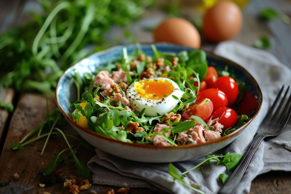 Tuna salad with egg vegetable arugula plate. AI generated Image by rawpixel.