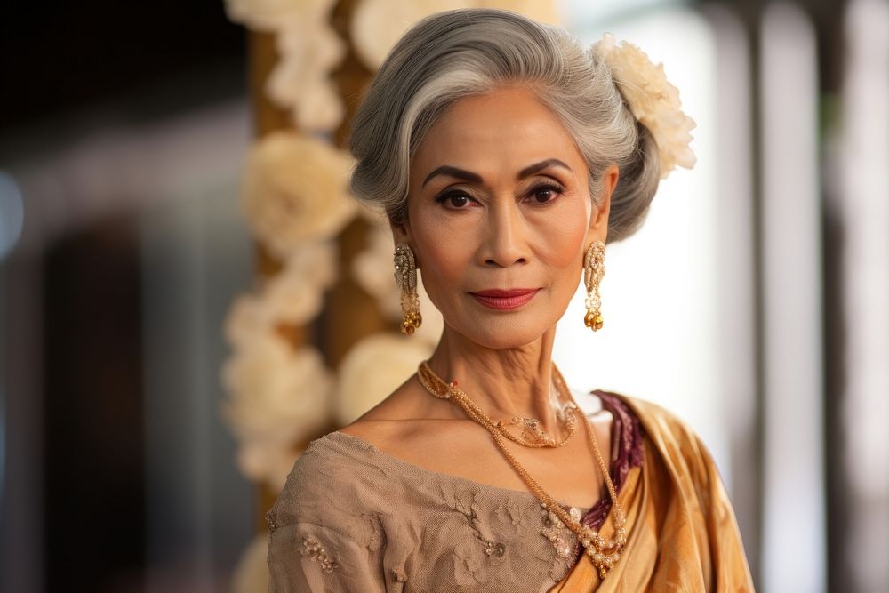 Thai female elder model jewelry accessories hairstyle.