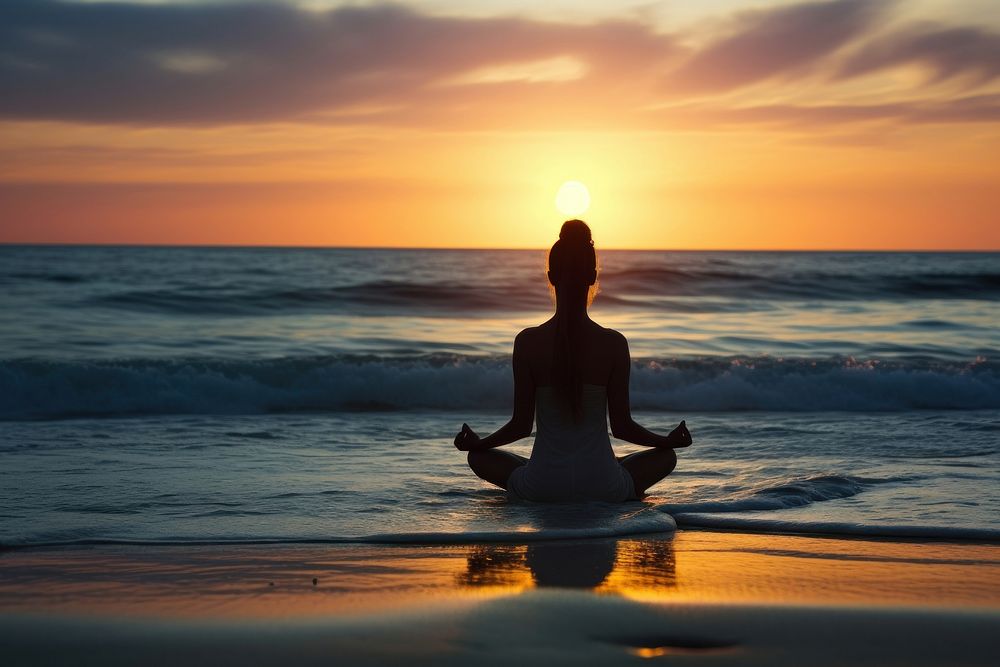 Young yoga woman sunset sports beach. AI generated Image by rawpixel.