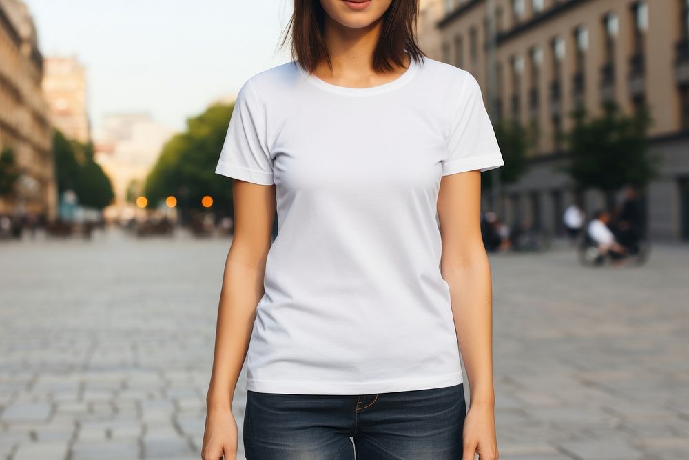 Blank woman t shirt  outdoors t-shirt sleeve.