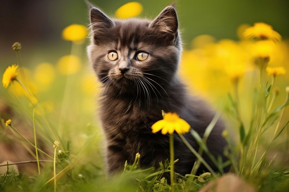 Cute kitten black sitting on grass flower animal mammal.