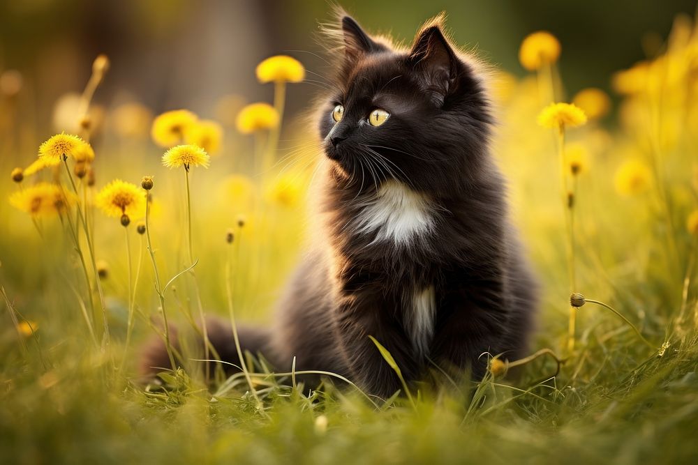 Cute kitten black sitting on grass flower outdoors mammal.
