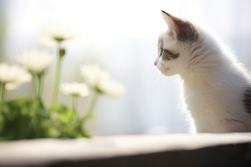 Cute kitten staring at flower animal mammal plant.