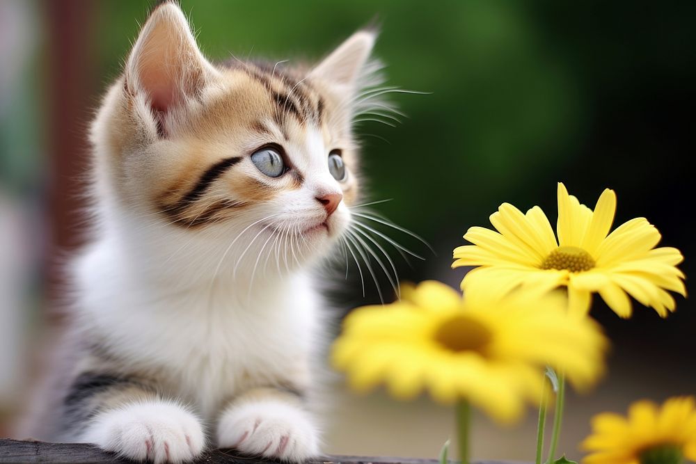 Cute kitten staring at flower animal mammal plant.