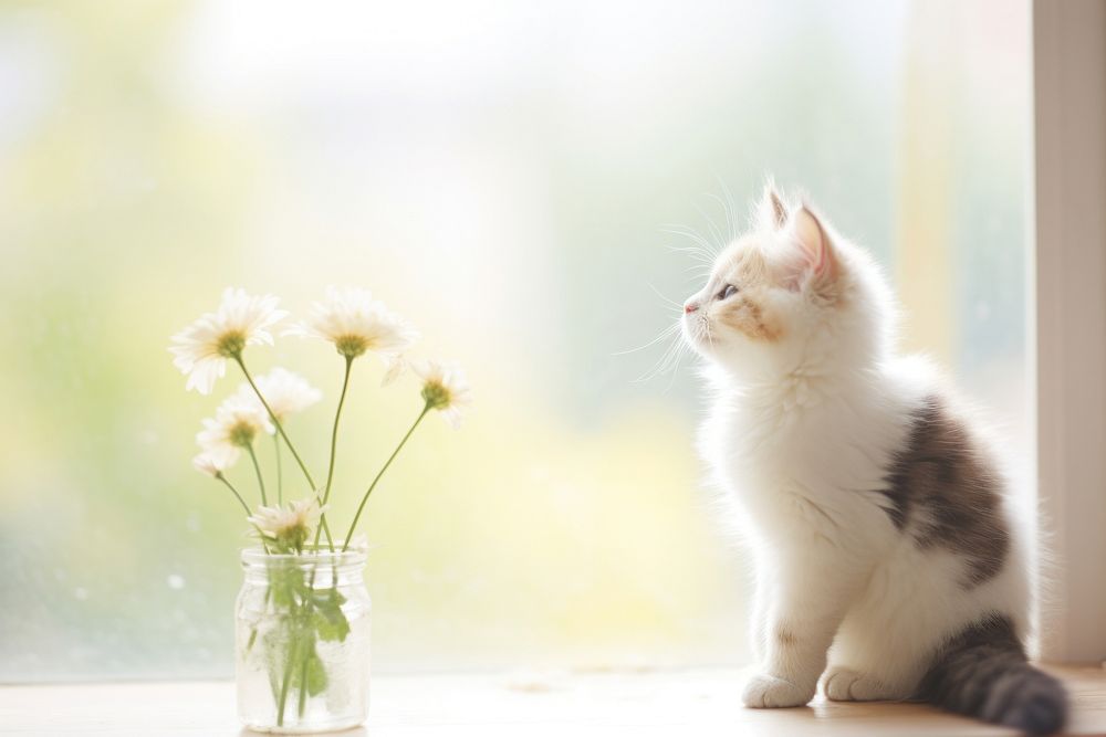 Cute kitten staring at flower windowsill animal mammal.