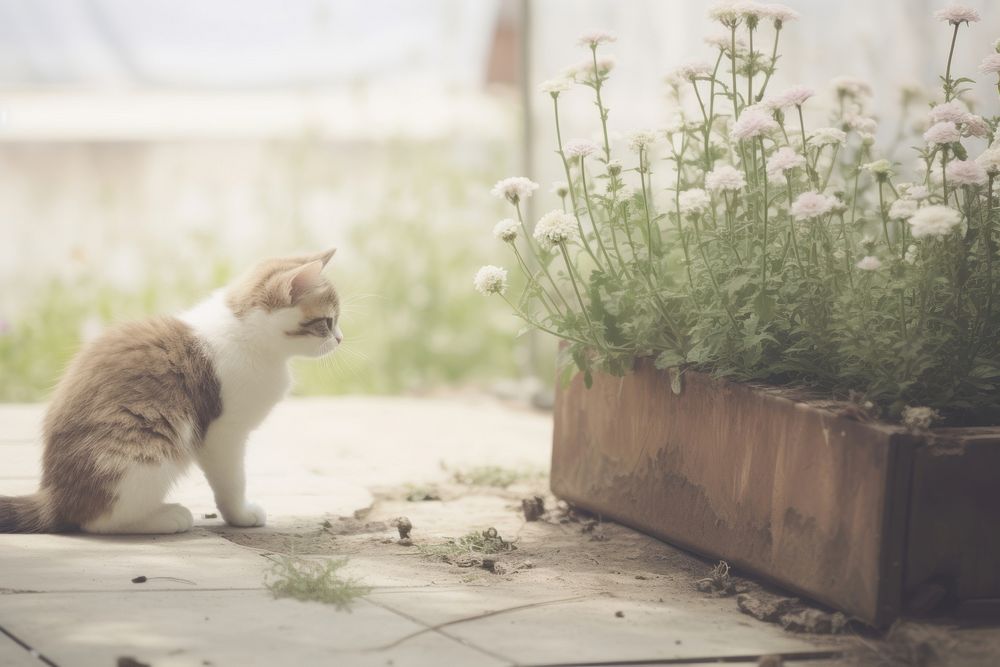 Cute kitten staring at flower outdoors animal mammal.
