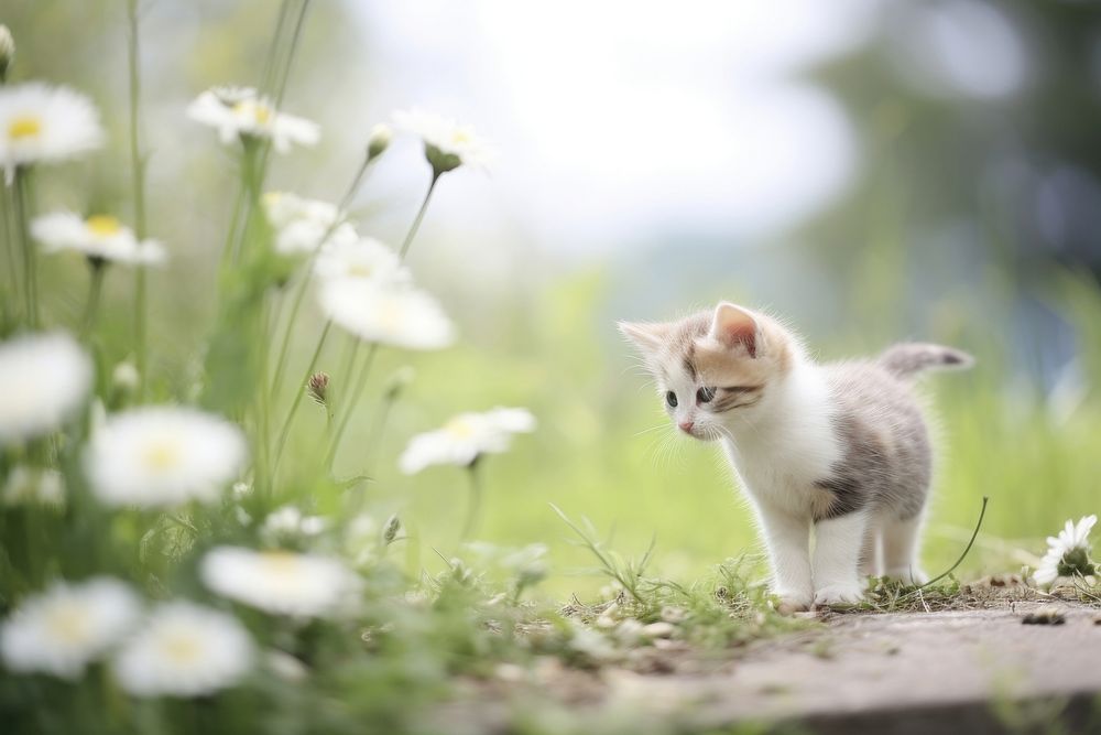 Cute kitten staring at flower animal mammal plant.