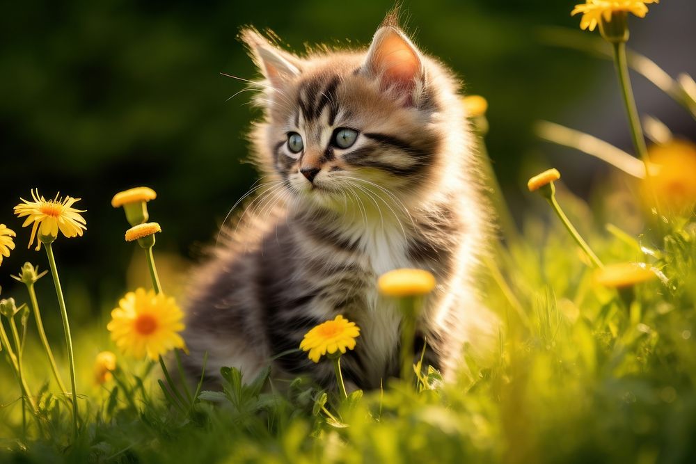 Cute kitten sitting on grass flower outdoors animal.