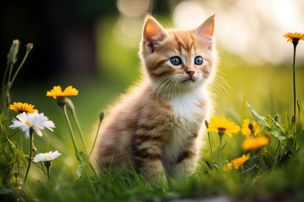 Cute kitten sitting on grass flower animal mammal.