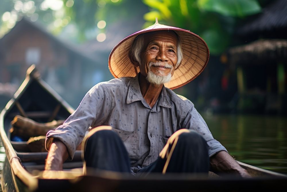 Old asian man sitting adult boat.