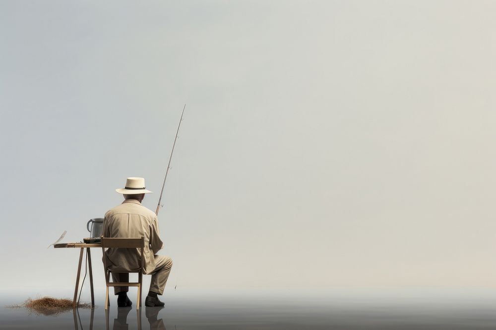 Fisherman sitting with fishing rod outdoors adult recreation.