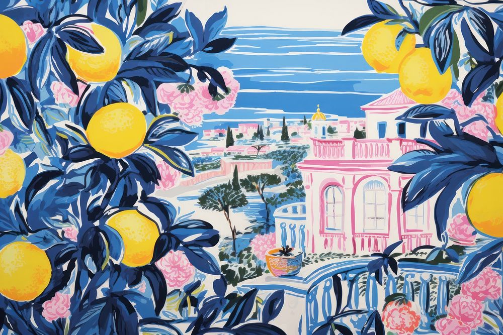 Wallpaper background of lemon garden painting outdoors drawing.