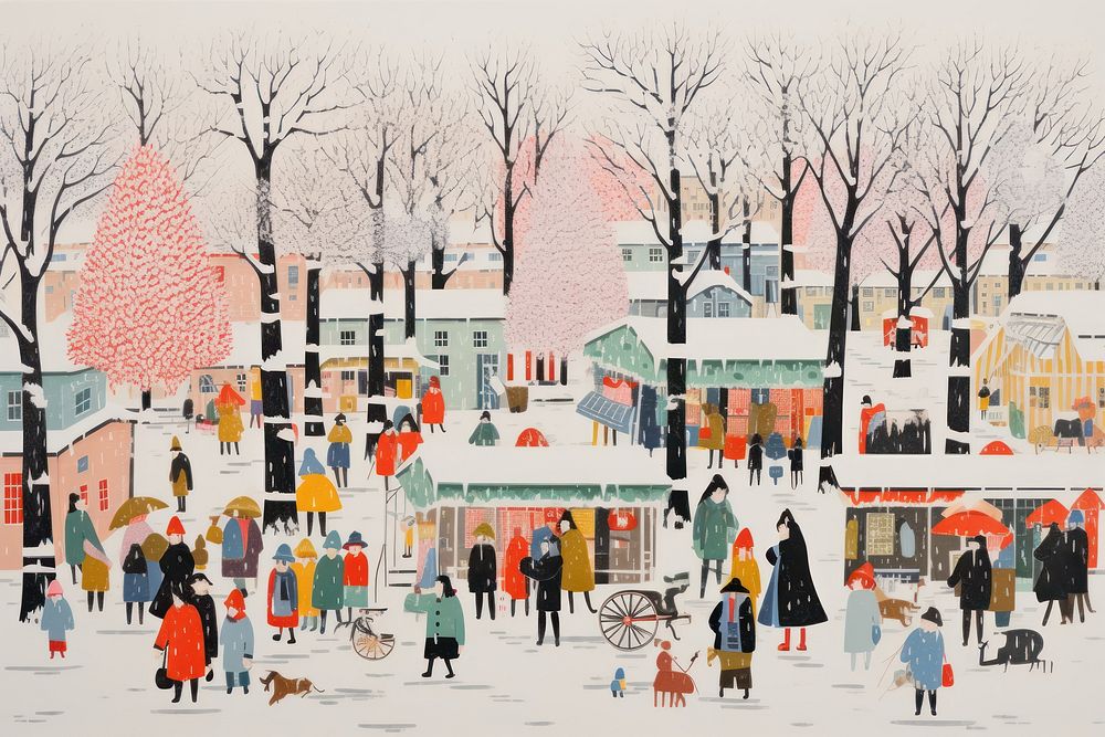 Winter market outdoors painting snow. AI generated Image by rawpixel.