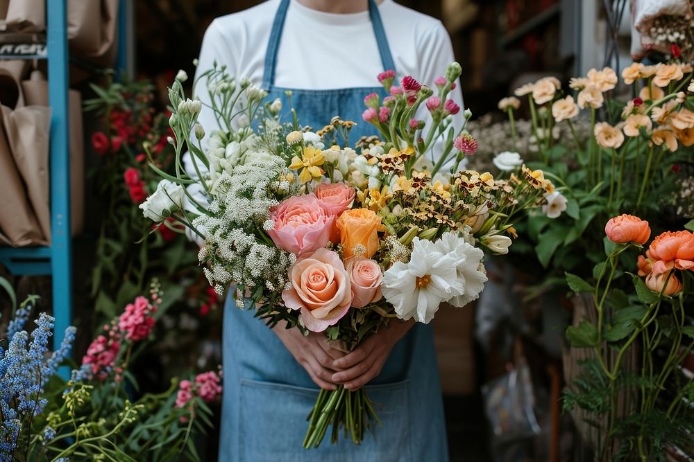 Woman in apron holding a bouquet of flowers plant store adult.