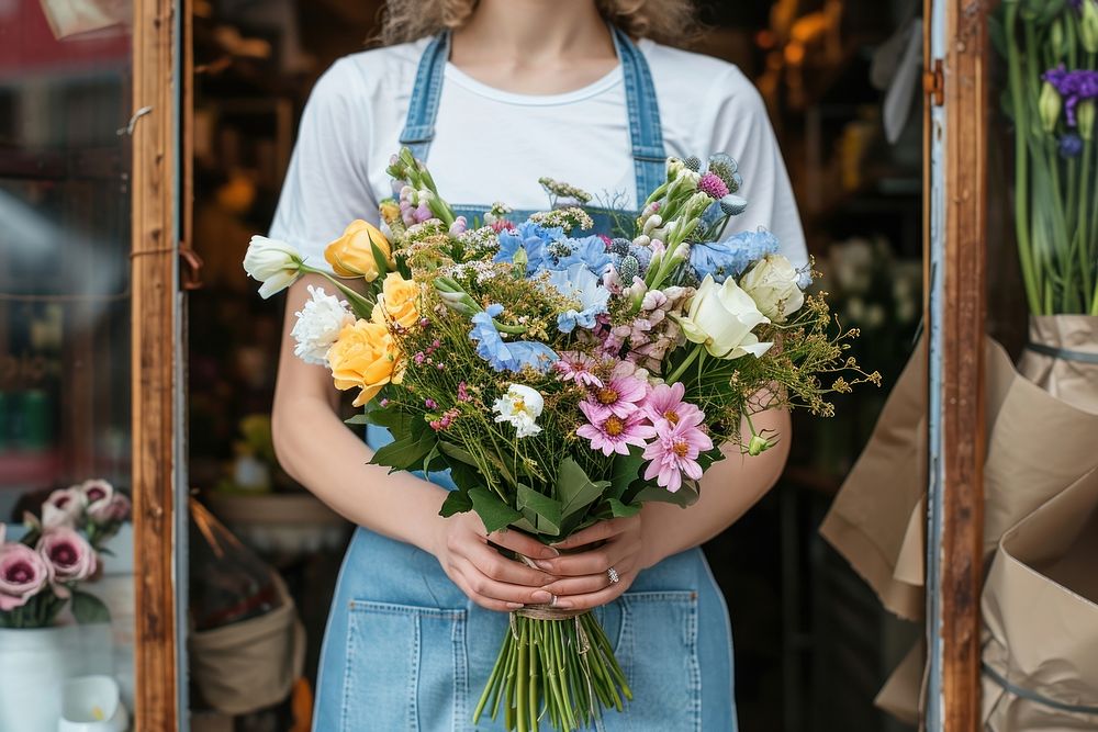 Woman in apron holding a bouquet of flowers plant store entrepreneur.
