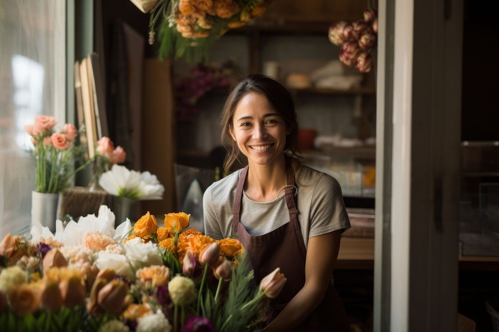 Woman in apron holding a bouquet of flowers adult smile store.