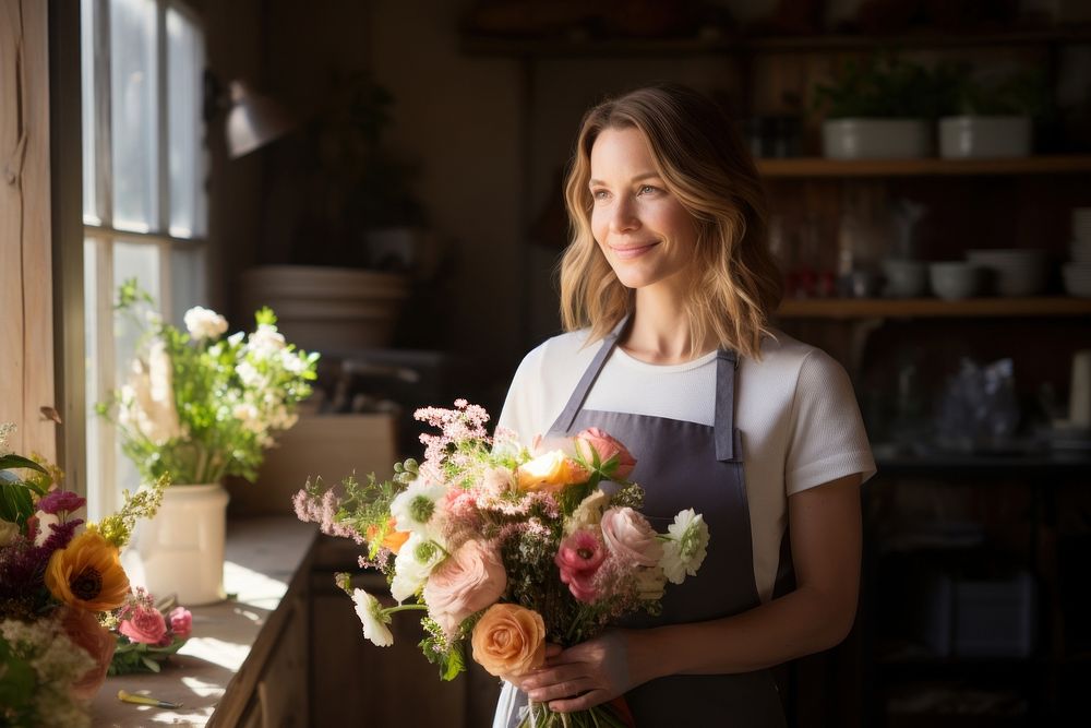 Woman in apron holding a bouquet of flowers adult plant store.