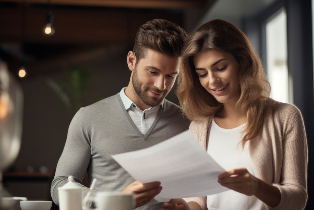 Young couple holding and looking at paperwork document adult togetherness.