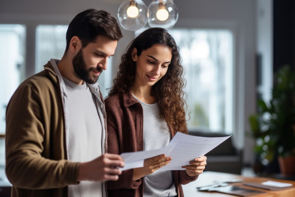 Young couple holding and looking at paperwork stock photo document concentration togetherness.