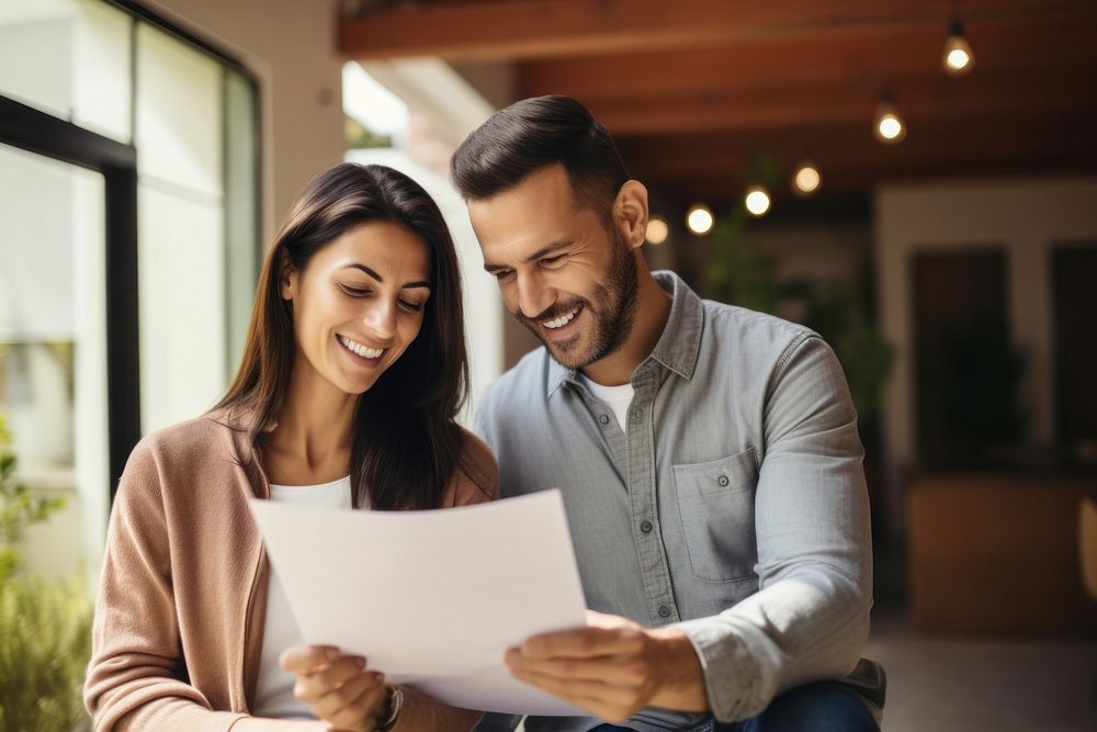 Young couple holding and looking at paperwork stock photo document adult fun.