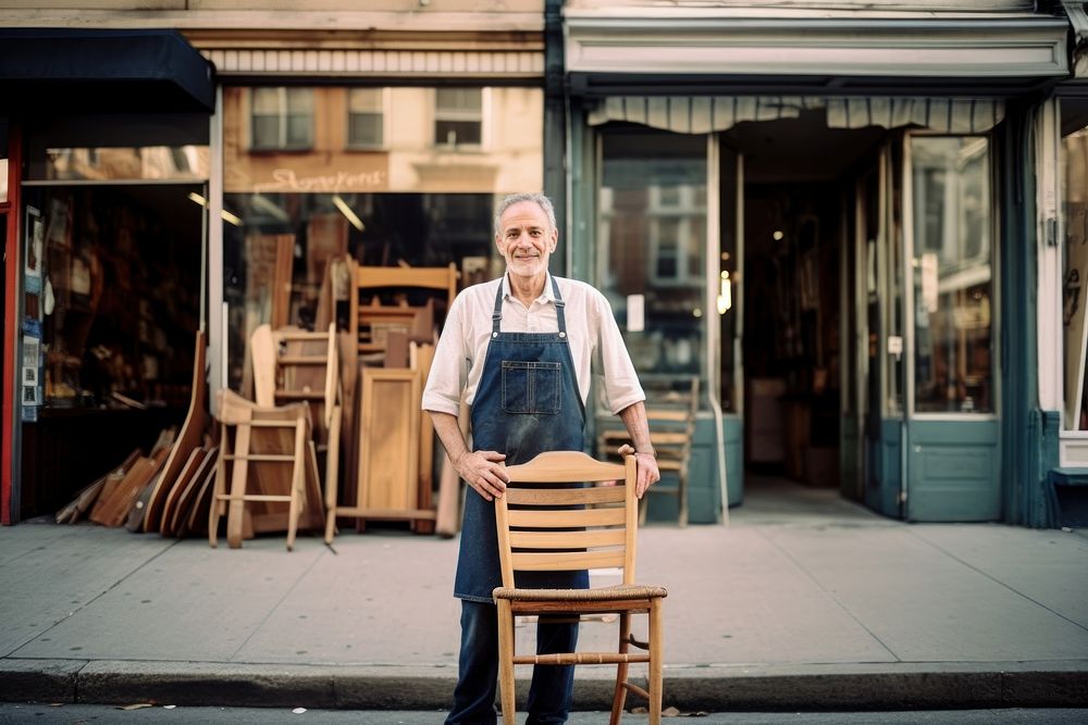 Man in apron holding an old chair furniture sitting store.