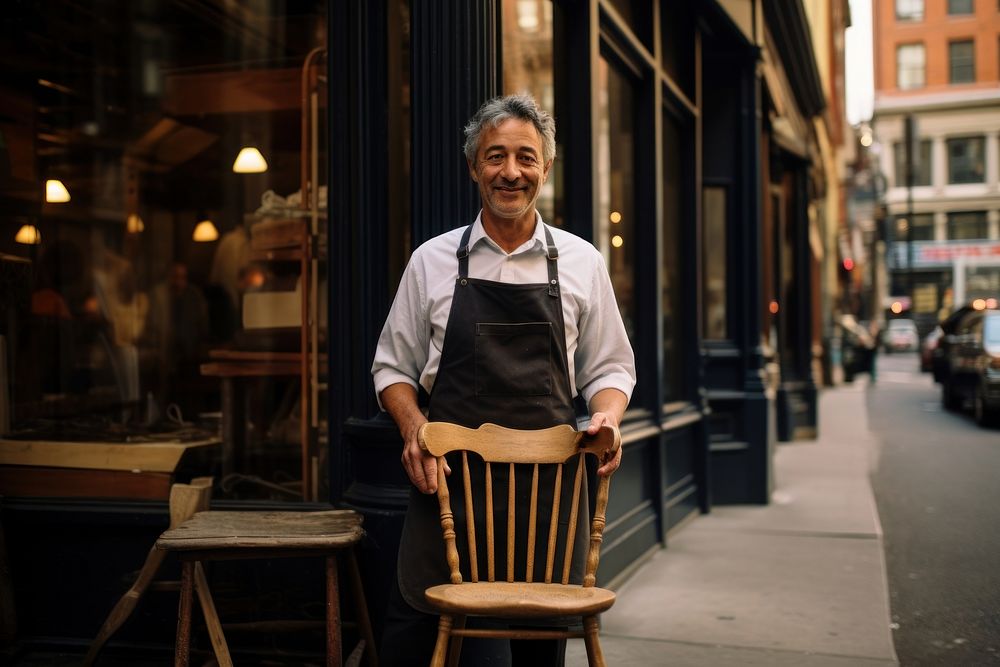 Man in apron holding an old chair furniture waiter adult.