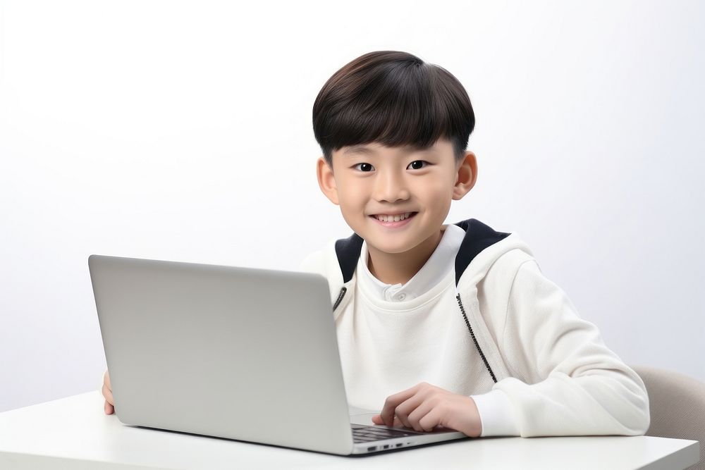 Asian child student study online computer laptop kid.