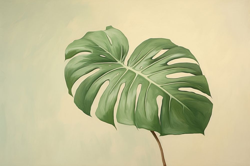 Oil painting of a clsoe up on pale Monstera leaf plant green drawing.