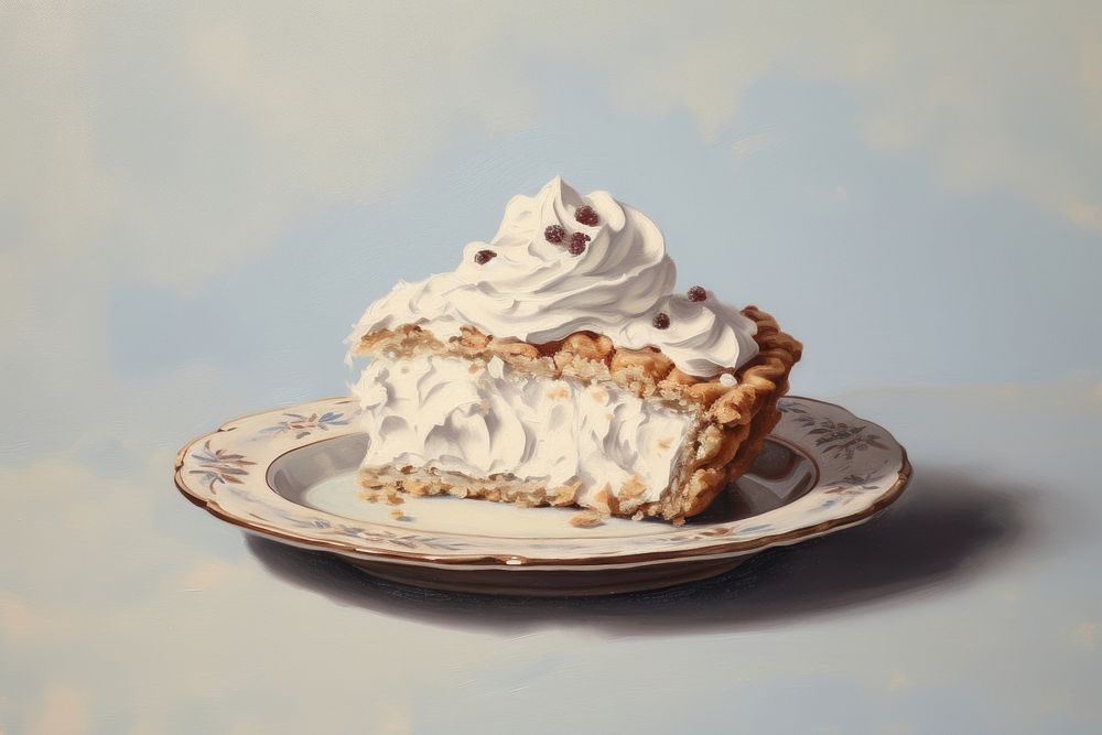 Oil painting of a clsoe up on pale dessert pie cream plate food.