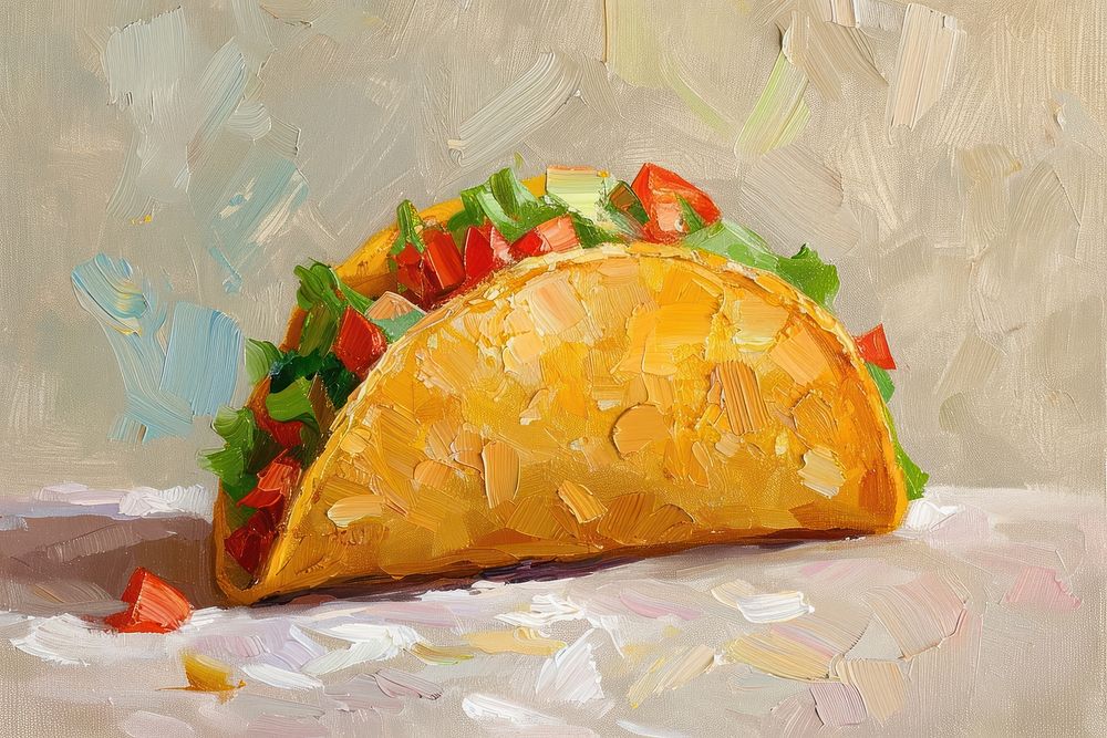 Oil painting of a clsoe up on pale taco food vegetable freshness.