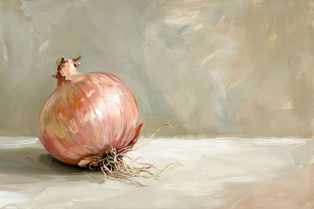 Oil painting of a clsoe up on pale onion vegetable shallot plant.