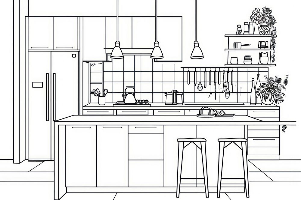 Kitchen room furniture line architecture.