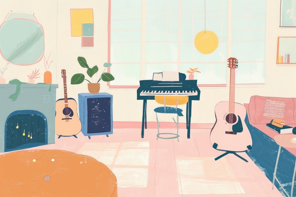 Cute music room illustration electronics illustrated keyboard.
