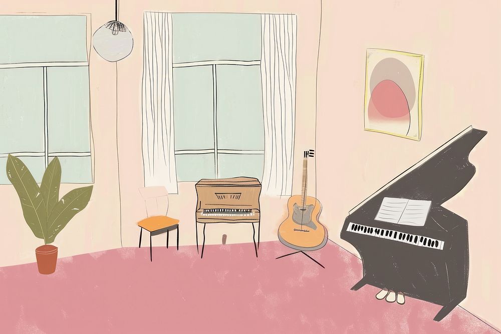 Cute music room illustration furniture keyboard guitar.