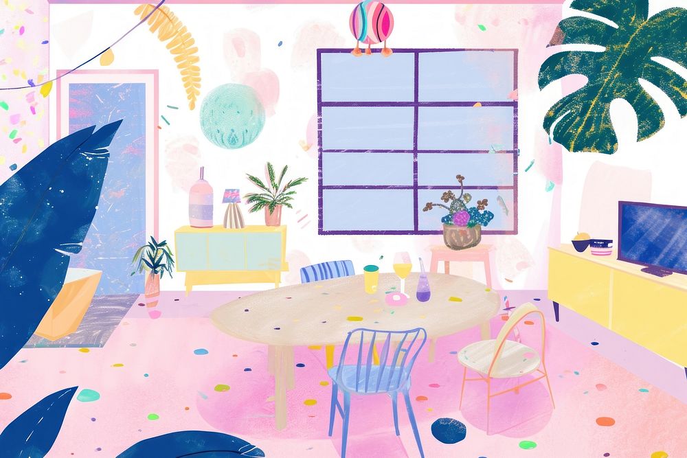 Cute cute party room illustration electronics furniture painting.