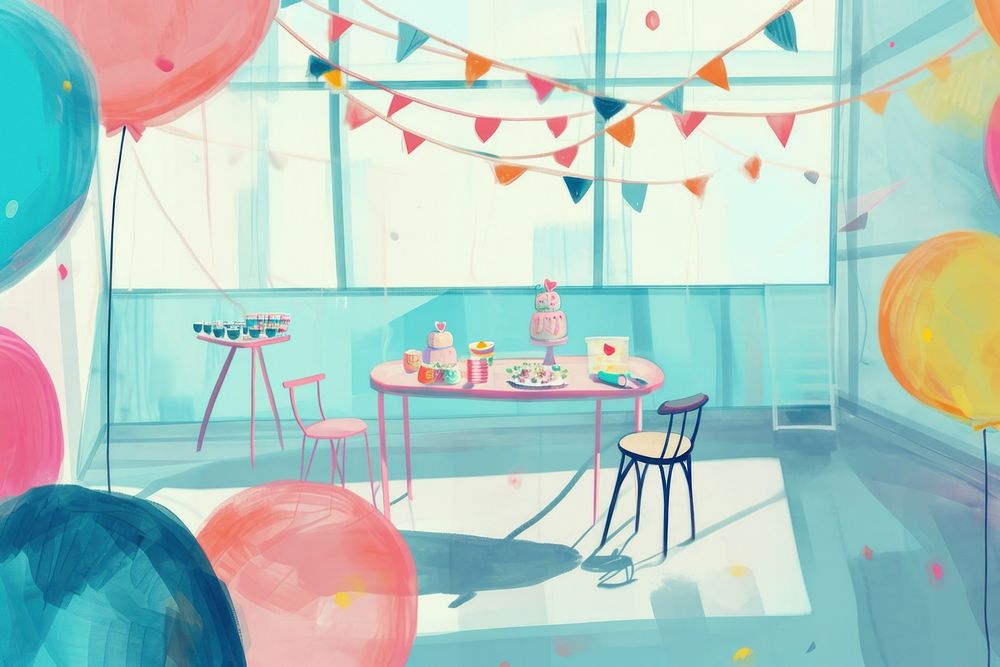 Cute cute party room illustration furniture balloon people.