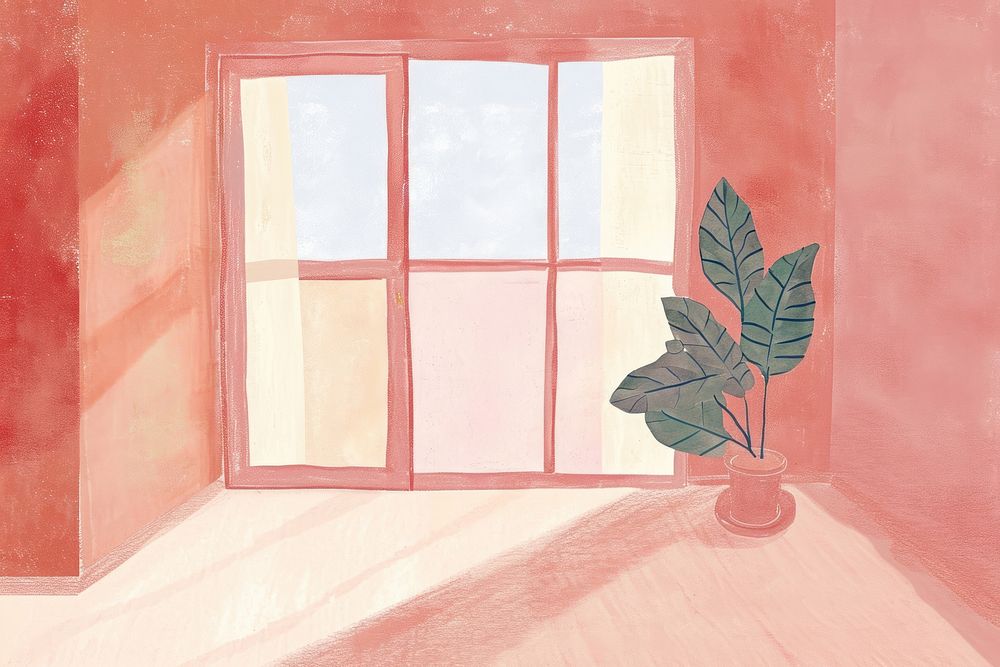 Cute empty room illustration windowsill painting plant.