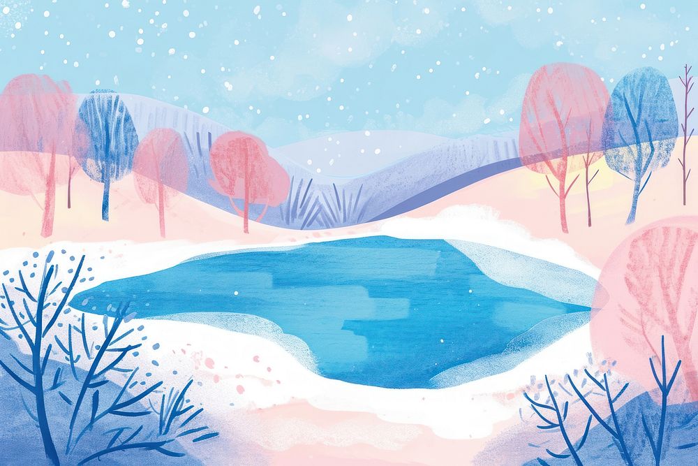 Cute frozen lake illustration illustrated painting outdoors.