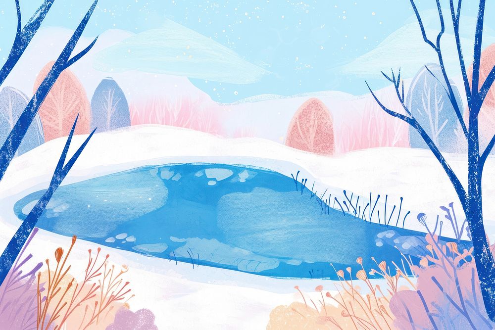 Cute frozen lake illustration painting outdoors jacuzzi.