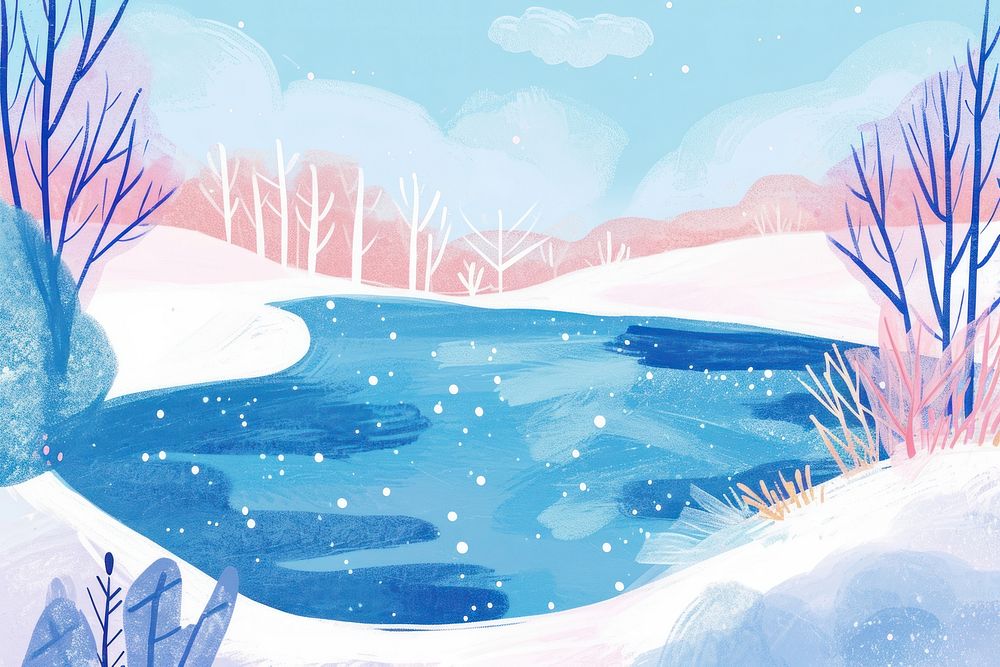 Cute frozen lake illustration scenery painting outdoors.
