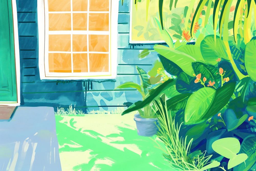 Cute green backyard illustration vegetation outdoors painting.