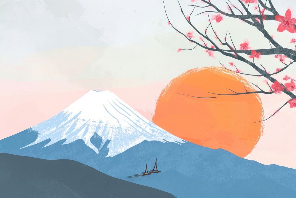 Cute japan moutain illustration scenery painting outdoors.