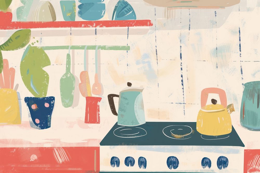 Cute kitchen illustration cookware painting indoors.