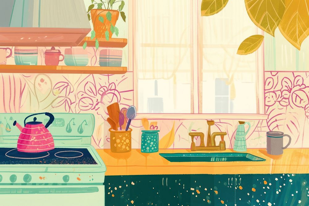 Cute kitchen illustration indoors people person.