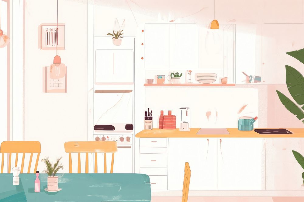 Cute kitchen room illustration furniture chair table.