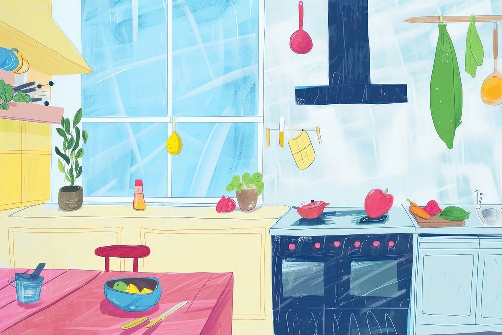 Cute kitchen room illustration architecture furniture painting.
