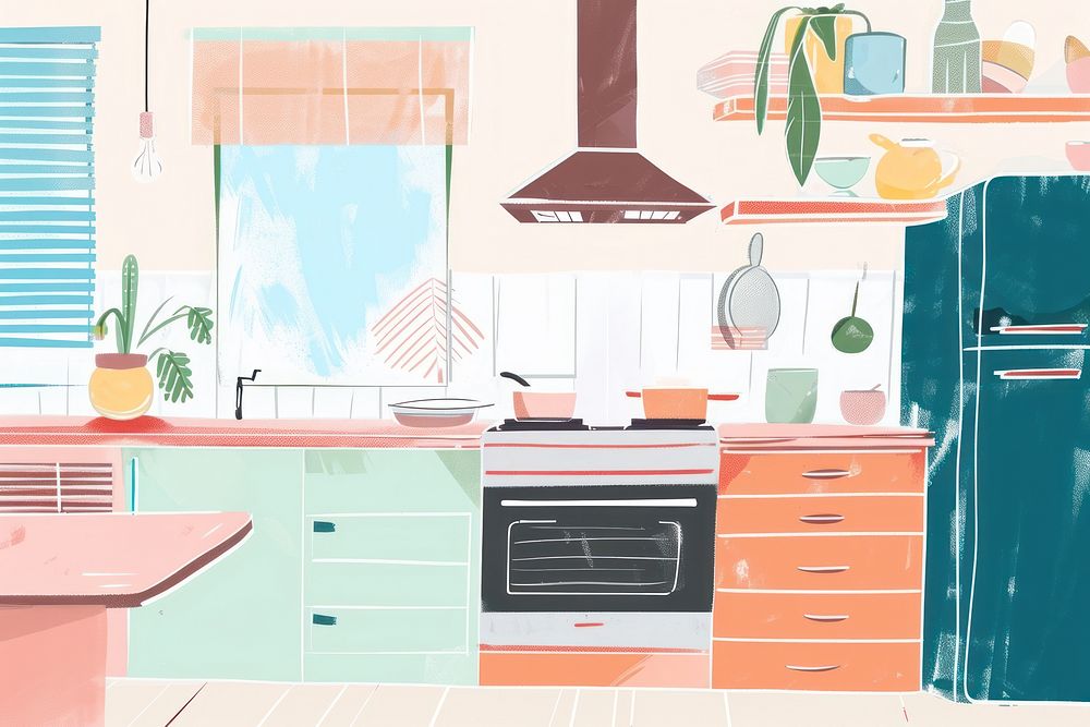 Cute kitchen room illustration architecture countertop furniture.