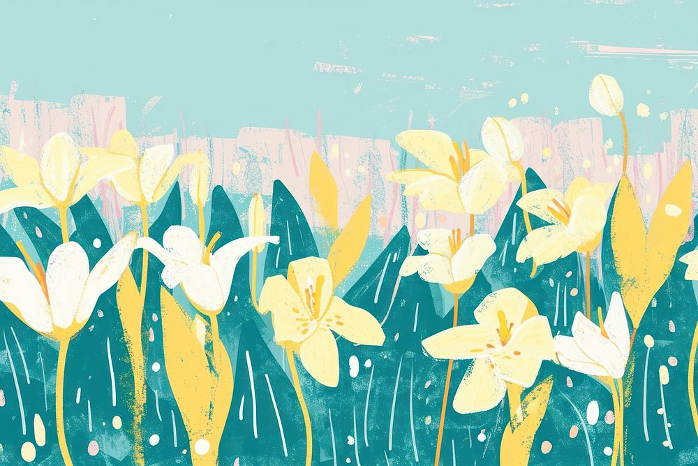 Cute lily field illustration painting daffodil blossom.