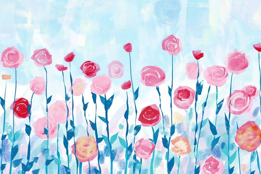 Cute rose field illustration painting blossom flower.