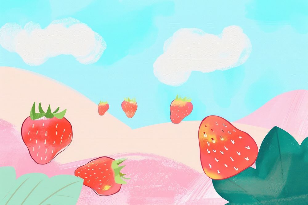 Cute strawberry field illustration painting produce fruit.